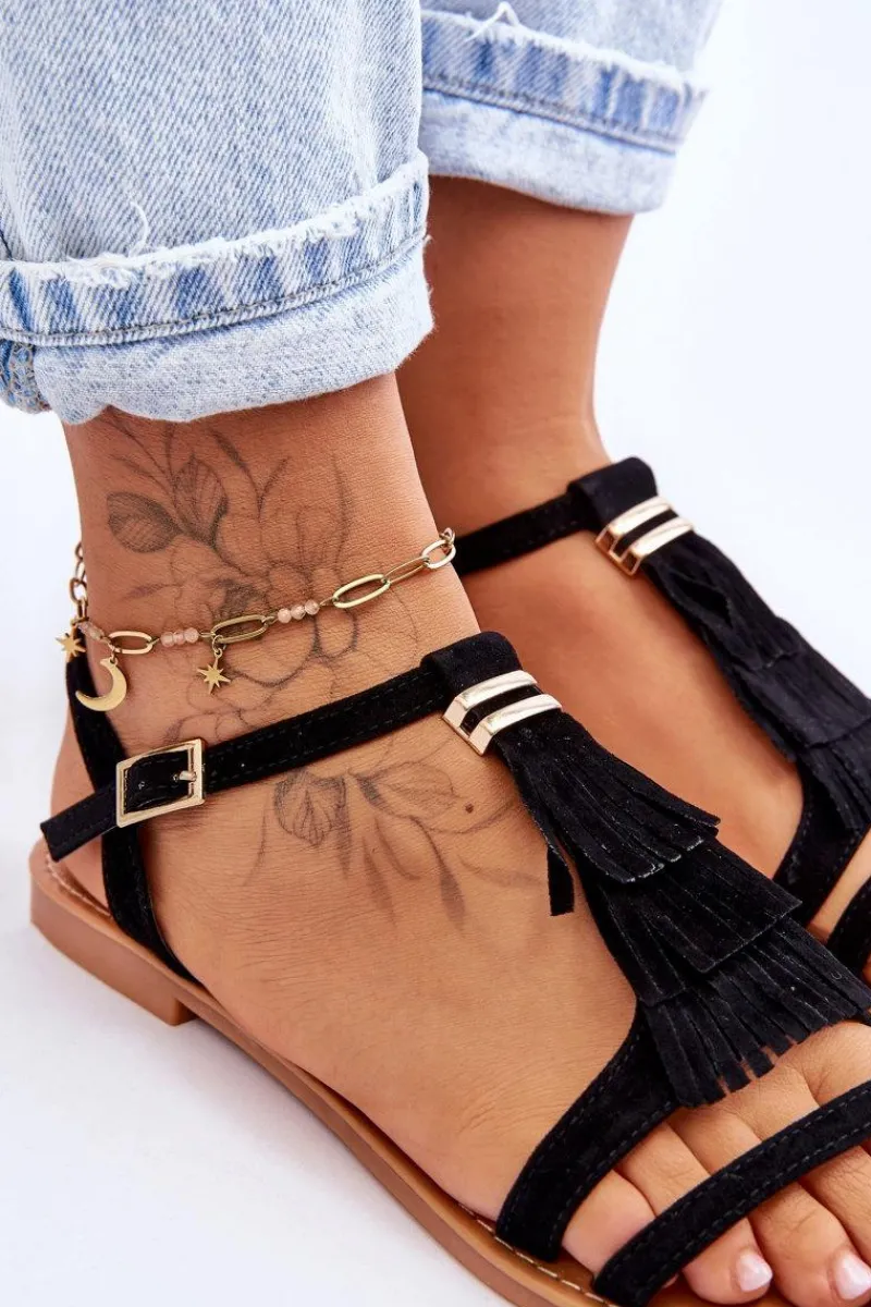 Sandały Płaskie>Boto Sandały Damskie Płaskie Zamszowe Boho Czarne Lucami