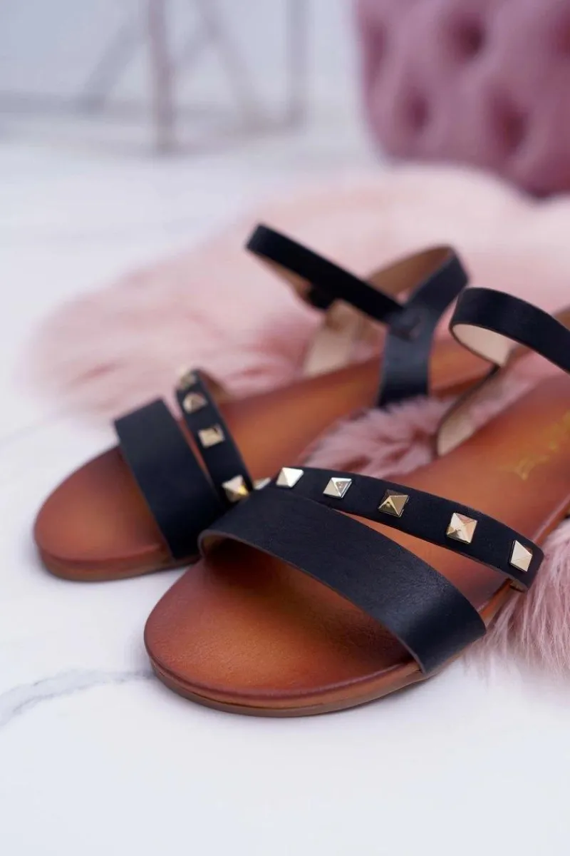 Sandały Płaskie>Damskie buty S.Barski Sandały Damskie Płaskie Złote Ćwieki Czarne Raven