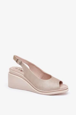 Hot Sandały Damskie Skórzane Na Koturnie S.Barski LR51-539 Złote Damskie Sandały Na Koturnie