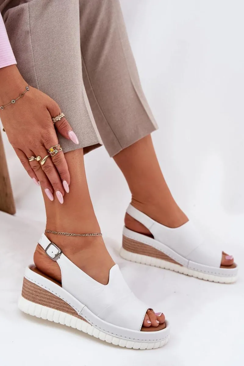 Sandały Damskie Skórzane Na Koturnie 56C0918 Białe Damskie Sandały Na Koturnie