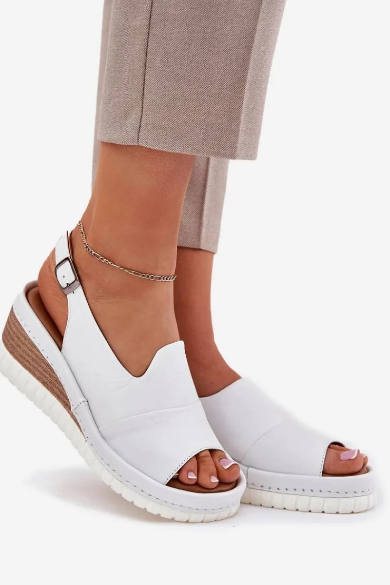 Sandały Damskie Skórzane Na Koturnie 56C0918 Białe Damskie Sandały Na Koturnie