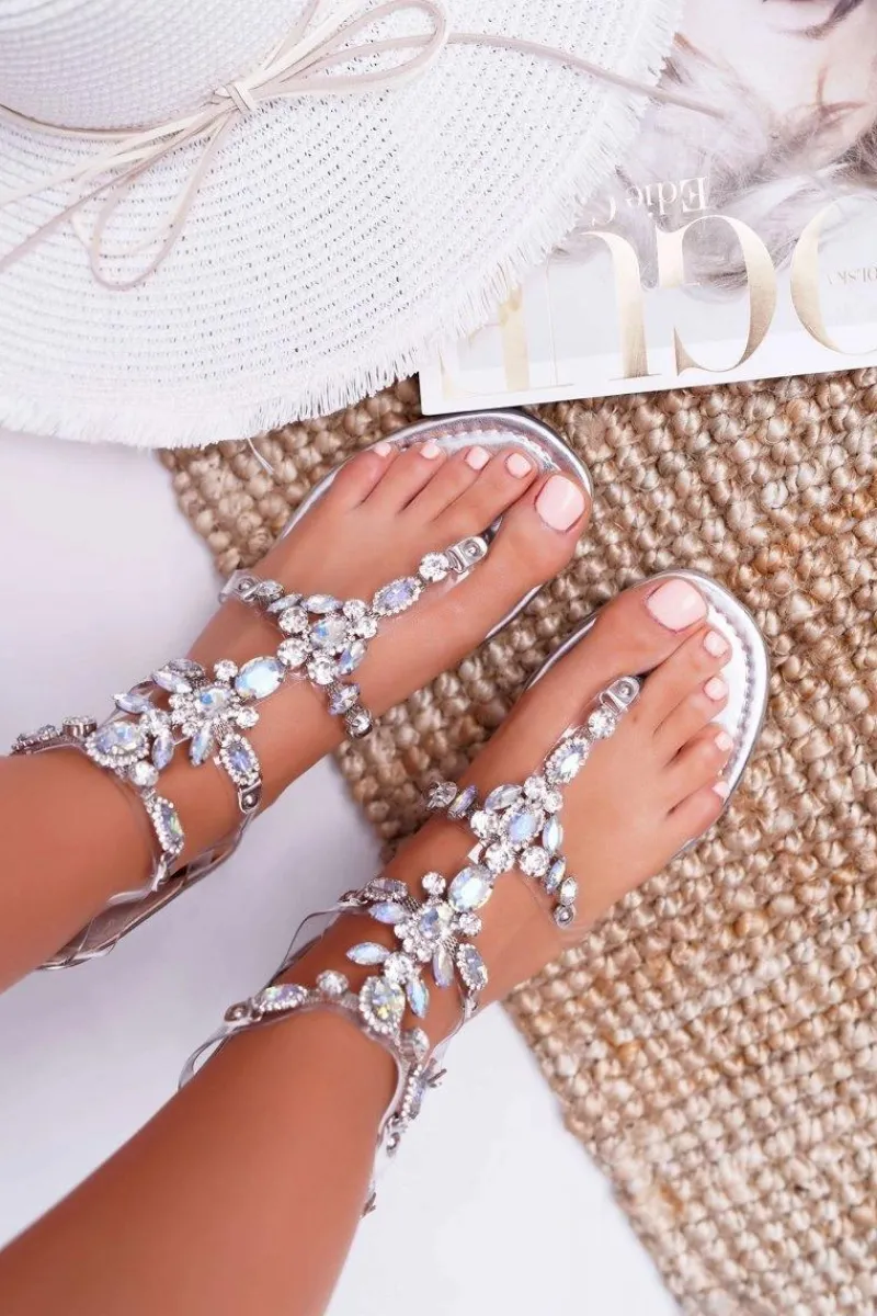 Sandały Płaskie>Boto Sandały Damskie Srebrne z Kryształkami Ywena