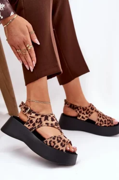 Sandały Płaskie>Boto Sandały Damskie W Panterkę Na Platformie Eko Zamszowe Brązowe Karonia Brązowy