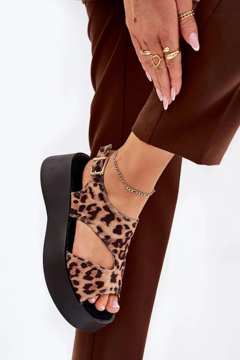 Sandały Płaskie>Boto Sandały Damskie W Panterkę Na Platformie Eko Zamszowe Brązowe Karonia Brązowy