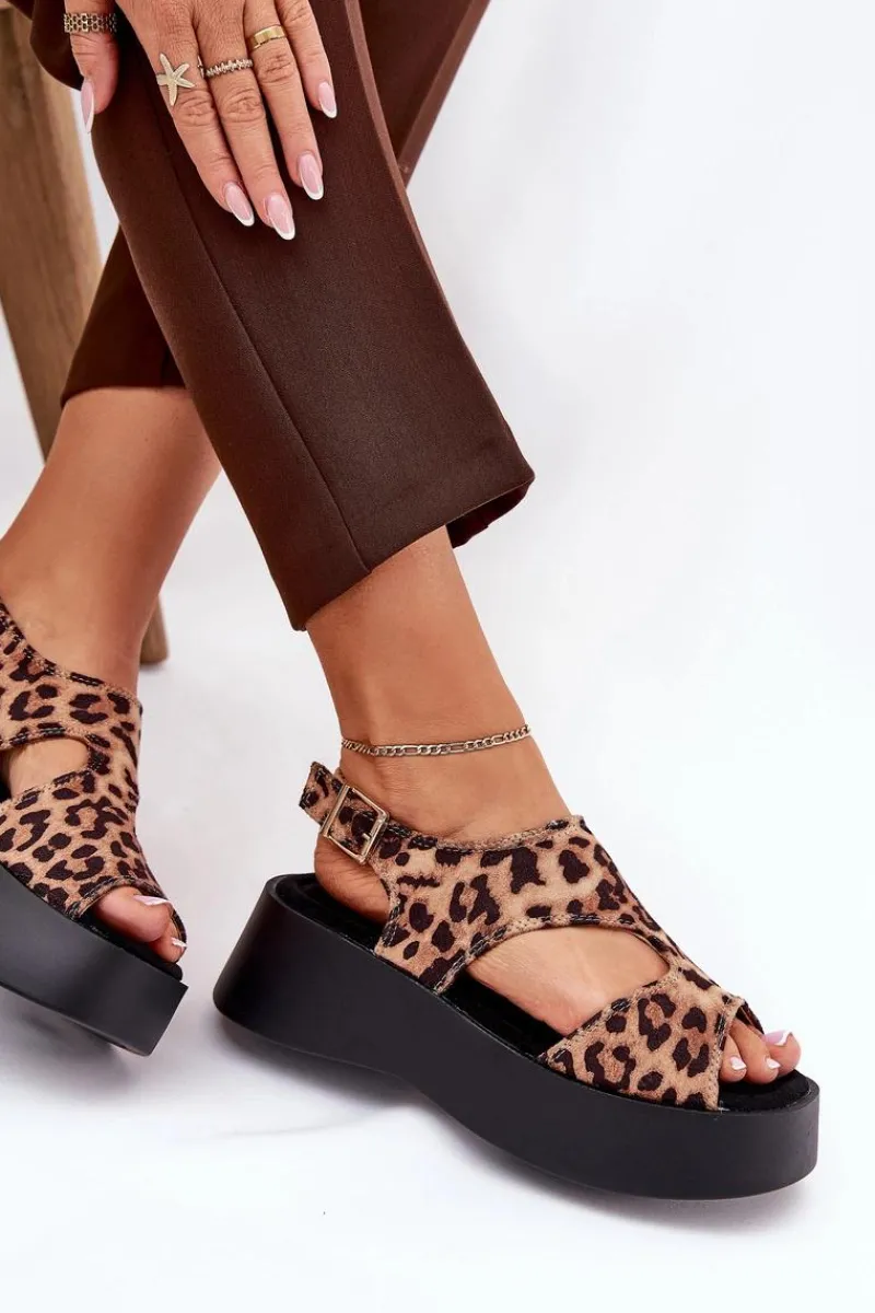 Sandały Płaskie>Boto Sandały Damskie W Panterkę Na Platformie Eko Zamszowe Brązowe Karonia Brązowy