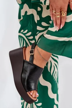 Boto Sandały Damskie Z Eko Skóry Na Platformie I Koturnie Czarne Leaniria