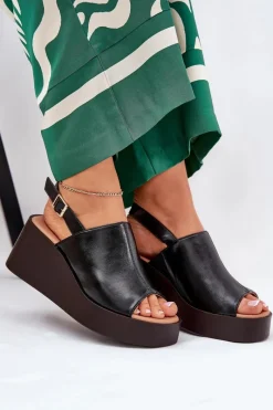 Boto Sandały Damskie Z Eko Skóry Na Platformie I Koturnie Czarne Leaniria