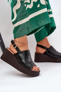 Boto Sandały Damskie Z Eko Skóry Na Platformie I Koturnie Czarne Leaniria