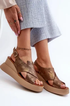 Clearance Boto Sandały Damskie Z Eko Skóry Na Platformie I Koturnie Miedziane Vaiara