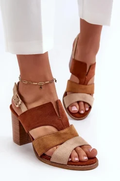 Clearance Sandały Damskie Z Eko Zamszu Na Obcasie Słupku Brązowe Qutima Damskie Sandały Na Słupku|Sandały Na Obcasie