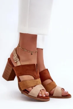 Clearance Sandały Damskie Z Eko Zamszu Na Obcasie Słupku Brązowe Qutima Damskie Sandały Na Słupku|Sandały Na Obcasie