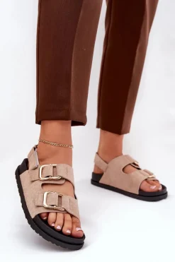 Discount Sandały Damskie Z Klamrami Beżowe Seladith Damskie Sandały Płaskie