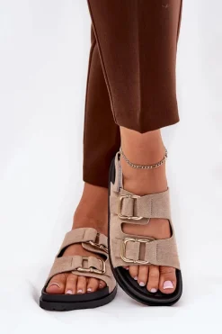 Discount Sandały Damskie Z Klamrami Beżowe Seladith Damskie Sandały Płaskie