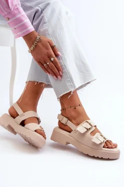 Sandały Płaskie>Boto Sandały Damskie Z Klamrami Eko Skórzane Beżowe Konanttia