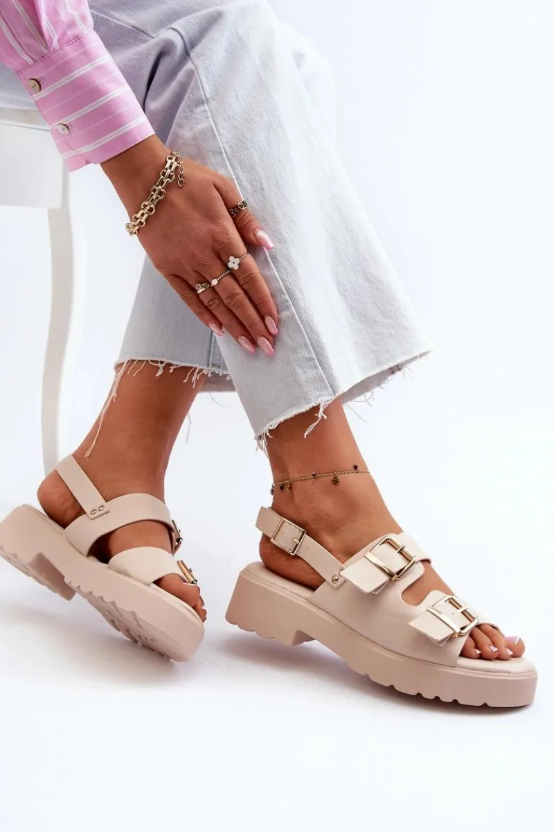 Sandały Płaskie>Boto Sandały Damskie Z Klamrami Eko Skórzane Beżowe Konanttia