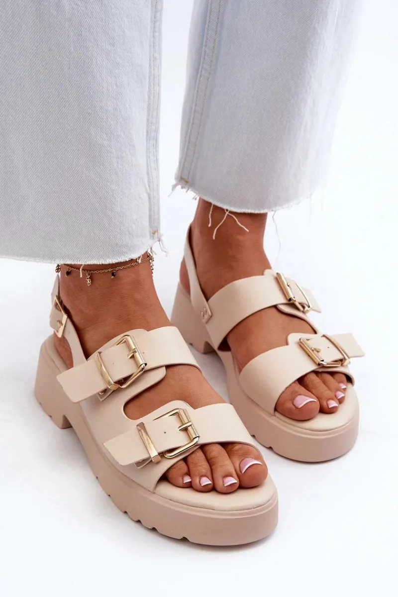 Sandały Płaskie>Boto Sandały Damskie Z Klamrami Eko Skórzane Beżowe Konanttia