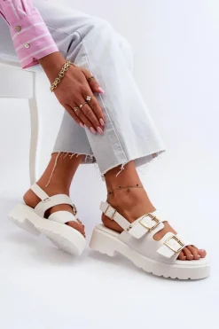 Hot Boto Sandały Damskie Z Klamrami Eko Skórzane Białe Konanttia