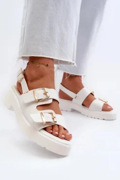 Hot Boto Sandały Damskie Z Klamrami Eko Skórzane Białe Konanttia
