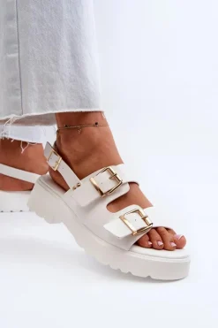 Hot Boto Sandały Damskie Z Klamrami Eko Skórzane Białe Konanttia