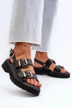 New Boto Sandały Damskie Z Klamrami Eko Skórzane Czarne Konanttia