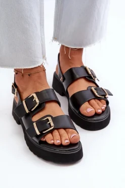 New Boto Sandały Damskie Z Klamrami Eko Skórzane Czarne Konanttia
