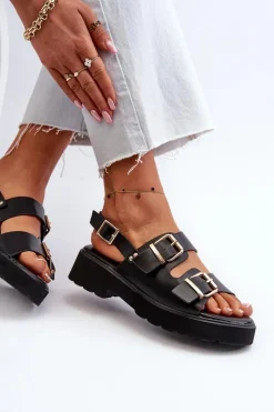 New Boto Sandały Damskie Z Klamrami Eko Skórzane Czarne Konanttia