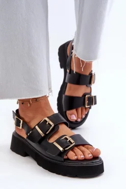 New Boto Sandały Damskie Z Klamrami Eko Skórzane Czarne Konanttia