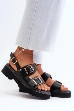 New Boto Sandały Damskie Z Klamrami Eko Skórzane Czarne Konanttia