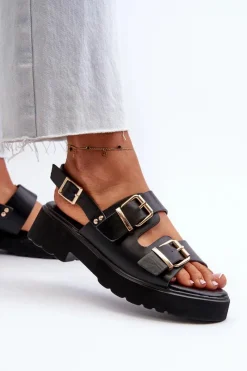 New Boto Sandały Damskie Z Klamrami Eko Skórzane Czarne Konanttia