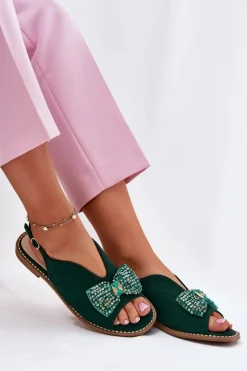 Sandały Damskie Z Kokardą Na Płaskim Obcasie S.Barski KV51-014 Zielone Damskie Sandały Płaskie