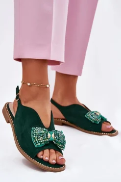 Sandały Damskie Z Kokardą Na Płaskim Obcasie S.Barski KV51-014 Zielone Damskie Sandały Płaskie