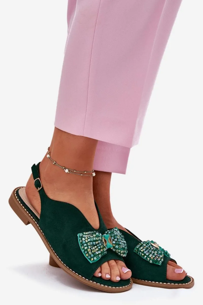 Sandały Damskie Z Kokardą Na Płaskim Obcasie S.Barski KV51-014 Zielone Damskie Sandały Płaskie