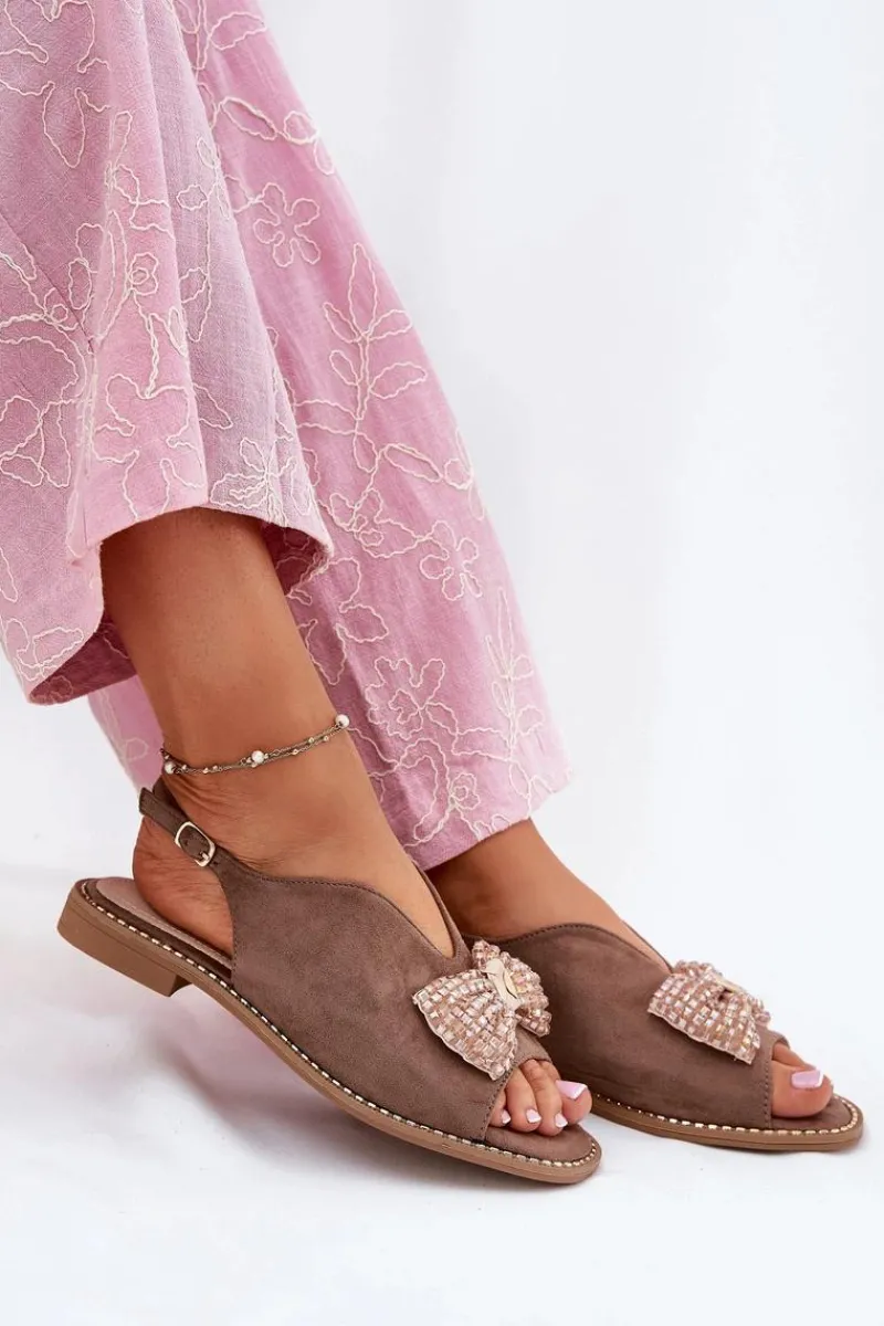 Sandały Płaskie>Damskie buty S.Barski Sandały Damskie Z Kokardą Na Płaskim Obcasie S.Barski KV51-014 Ciemnobeżowe Beżowy