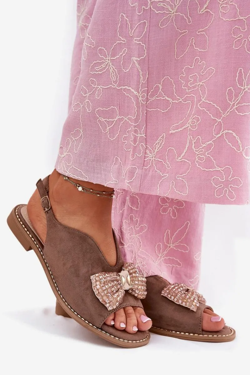 Sandały Płaskie>Damskie buty S.Barski Sandały Damskie Z Kokardą Na Płaskim Obcasie S.Barski KV51-014 Ciemnobeżowe Beżowy