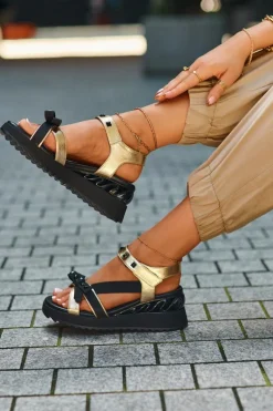 Sandały Damskie Z Kokardką D&A CR956 Złote Damskie Sandały Na Koturnie|Sandały Płaskie