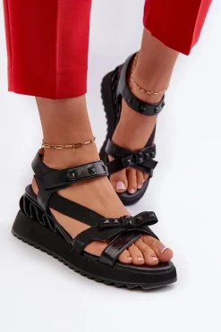 Sandały Na Koturnie|Sandały Płaskie>Damskie buty S.Barski Sandały Damskie Z Kokardką D&A CR956 Czarne Czarny