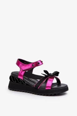 Outlet Sandały Damskie Z Kokardką D&A CR956 Fuksja Damskie Sandały Na Koturnie|Sandały Płaskie