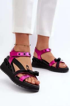 Outlet Sandały Damskie Z Kokardką D&A CR956 Fuksja Damskie Sandały Na Koturnie|Sandały Płaskie
