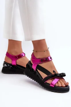 Outlet Sandały Damskie Z Kokardką D&A CR956 Fuksja Damskie Sandały Na Koturnie|Sandały Płaskie