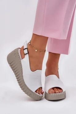Hot Artiker Sandały Damskie Z Naturalnej Skóry Na Koturnie 54C0786 Białe