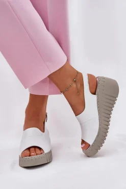 Hot Artiker Sandały Damskie Z Naturalnej Skóry Na Koturnie 54C0786 Białe