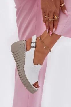 Hot Artiker Sandały Damskie Z Naturalnej Skóry Na Koturnie 54C0786 Białe