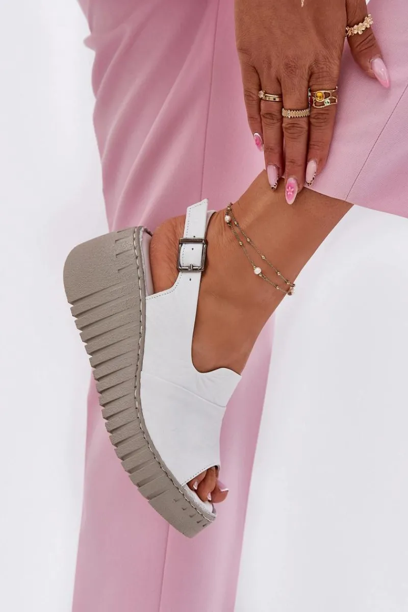 Hot Artiker Sandały Damskie Z Naturalnej Skóry Na Koturnie 54C0786 Białe