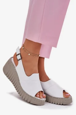 Hot Artiker Sandały Damskie Z Naturalnej Skóry Na Koturnie 54C0786 Białe