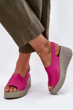 Sandały Damskie Z Naturalnej Skóry Na Koturnie 54C0789 Fuksja Damskie Sandały Na Koturnie