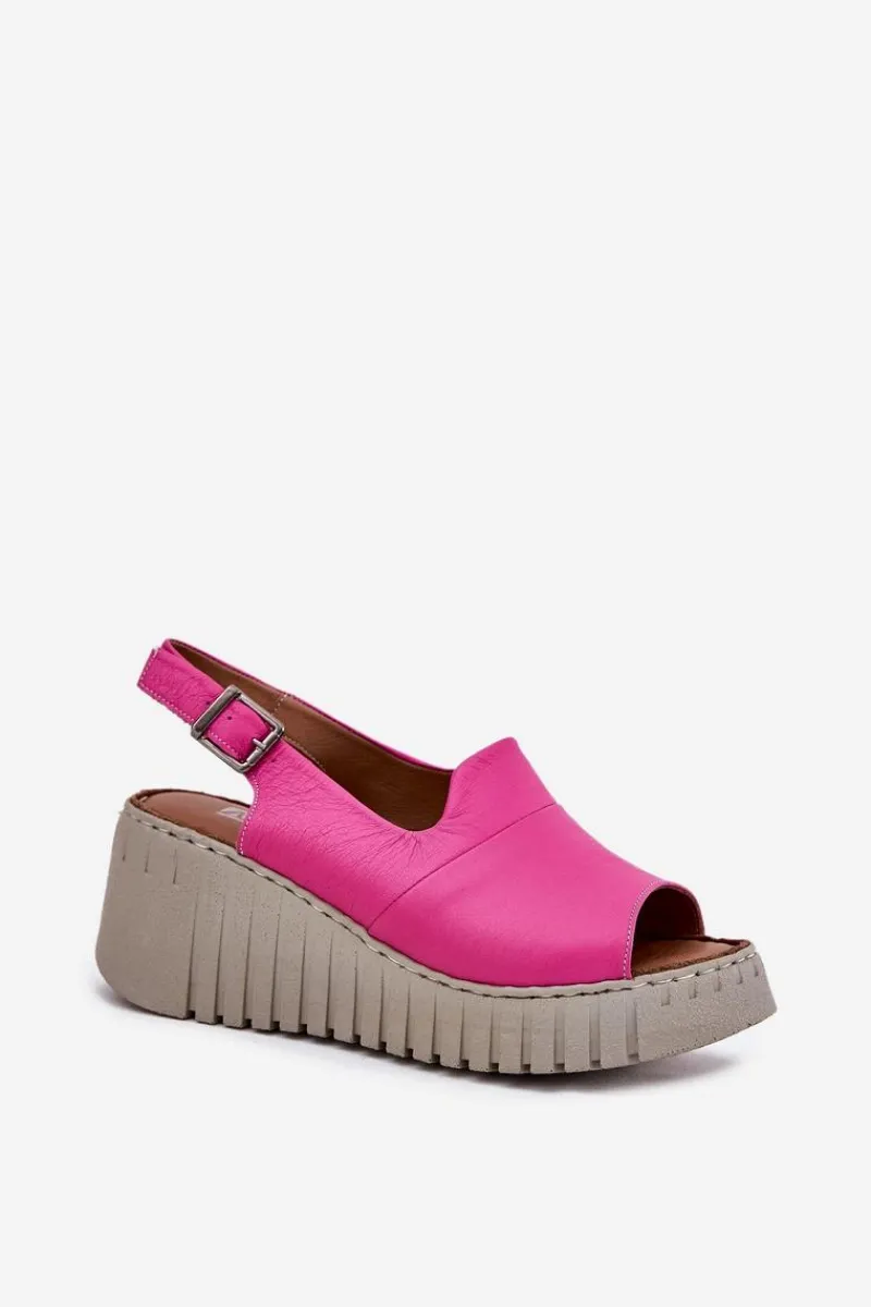 Sandały Damskie Z Naturalnej Skóry Na Koturnie 54C0789 Fuksja Damskie Sandały Na Koturnie