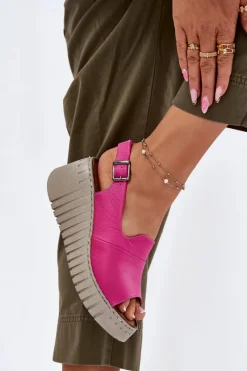 Sandały Damskie Z Naturalnej Skóry Na Koturnie 54C0789 Fuksja Damskie Sandały Na Koturnie