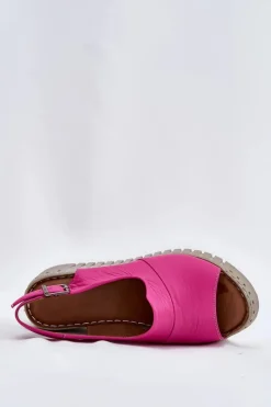 Sandały Damskie Z Naturalnej Skóry Na Koturnie 54C0789 Fuksja Damskie Sandały Na Koturnie