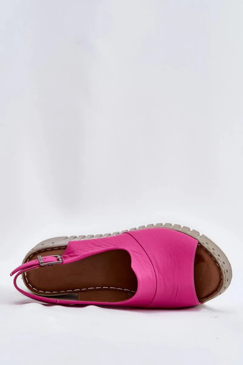 Sandały Damskie Z Naturalnej Skóry Na Koturnie 54C0789 Fuksja Damskie Sandały Na Koturnie
