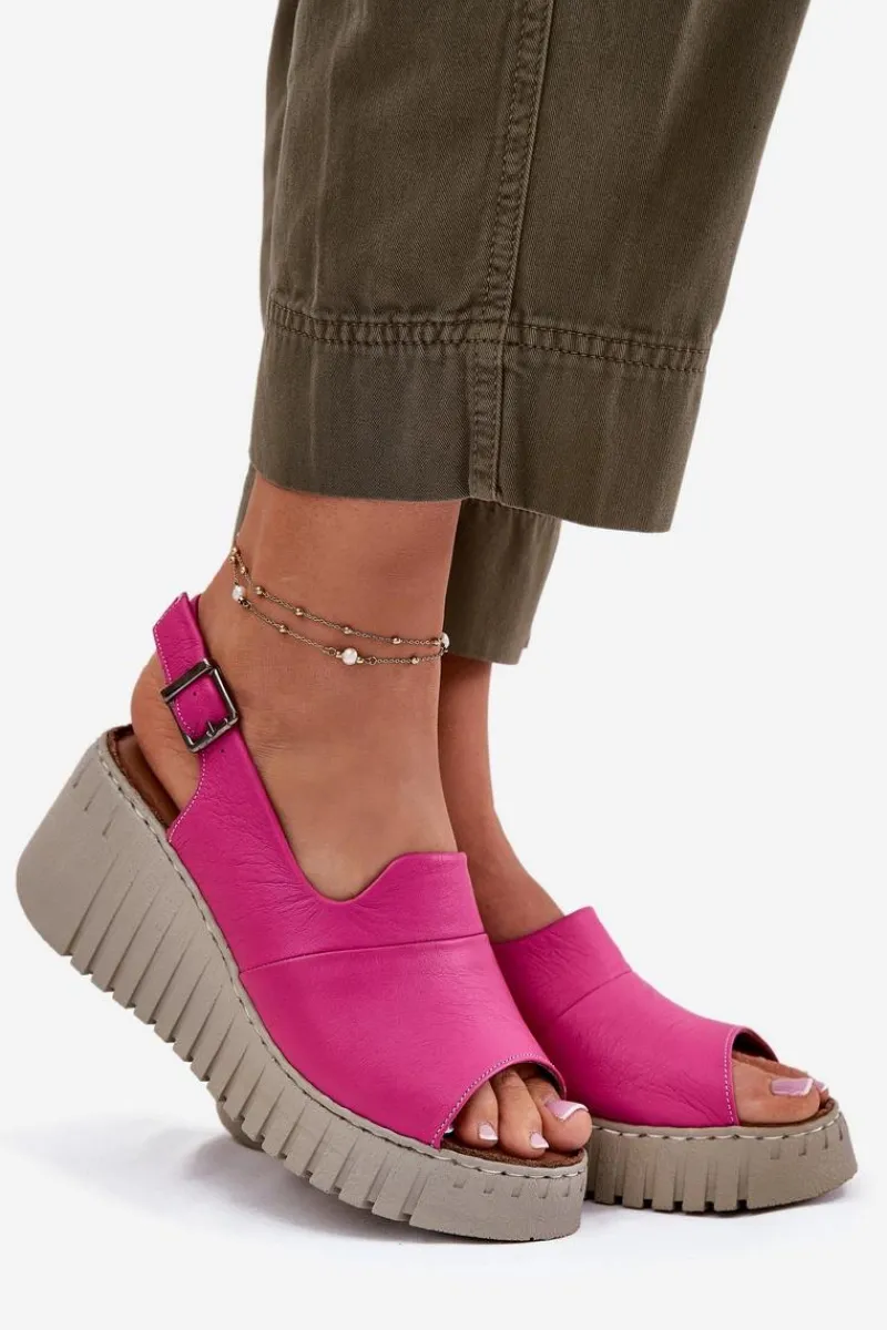 Sandały Damskie Z Naturalnej Skóry Na Koturnie 54C0789 Fuksja Damskie Sandały Na Koturnie